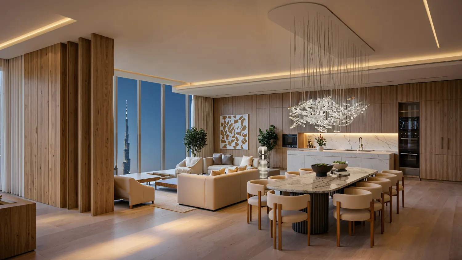 Living and dining room of a three-bedroom penthouse facing the Burj Khalifa, developer render